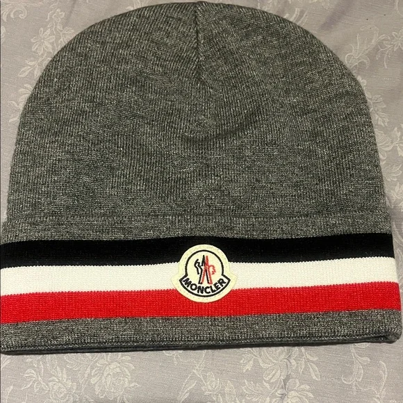 Moncler Grey Beanie with black, red and white Stripe - Picture 1 of 3